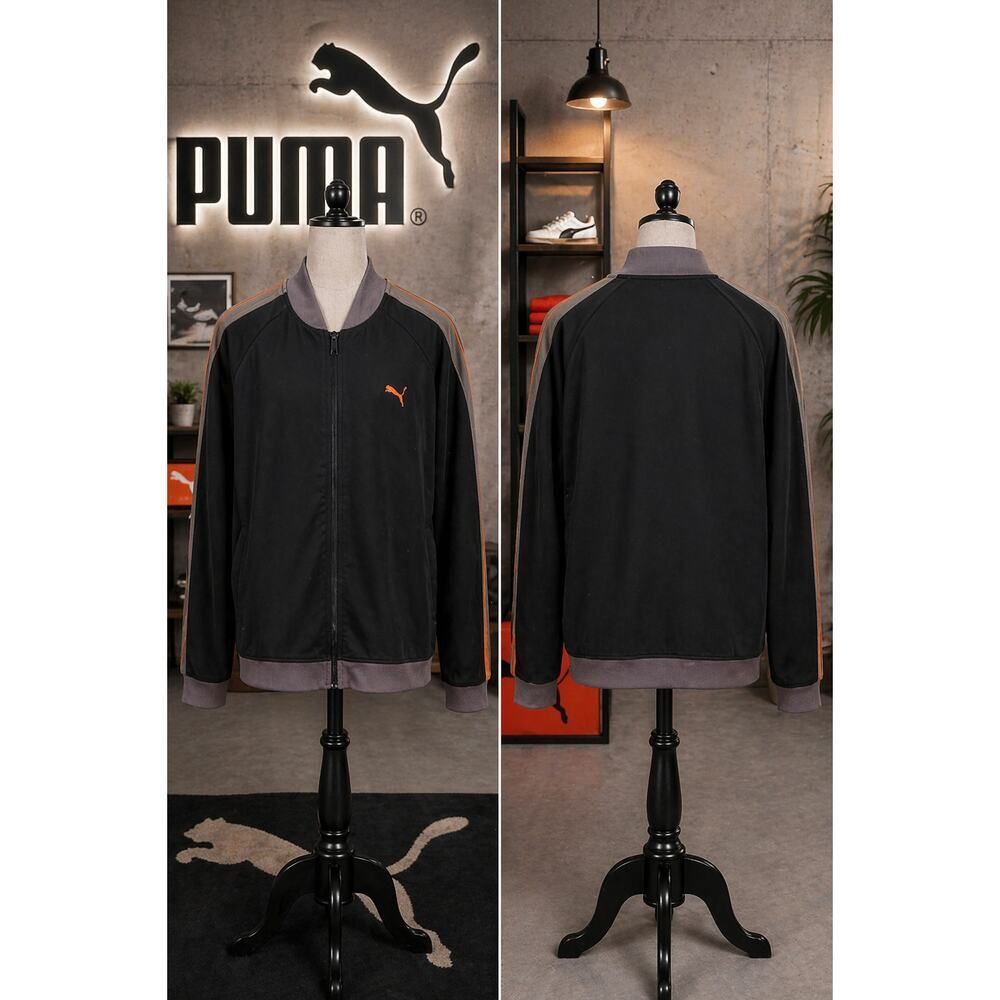Puma Track Jacket Black Gray Zip Up Orange Logo Men’s Large